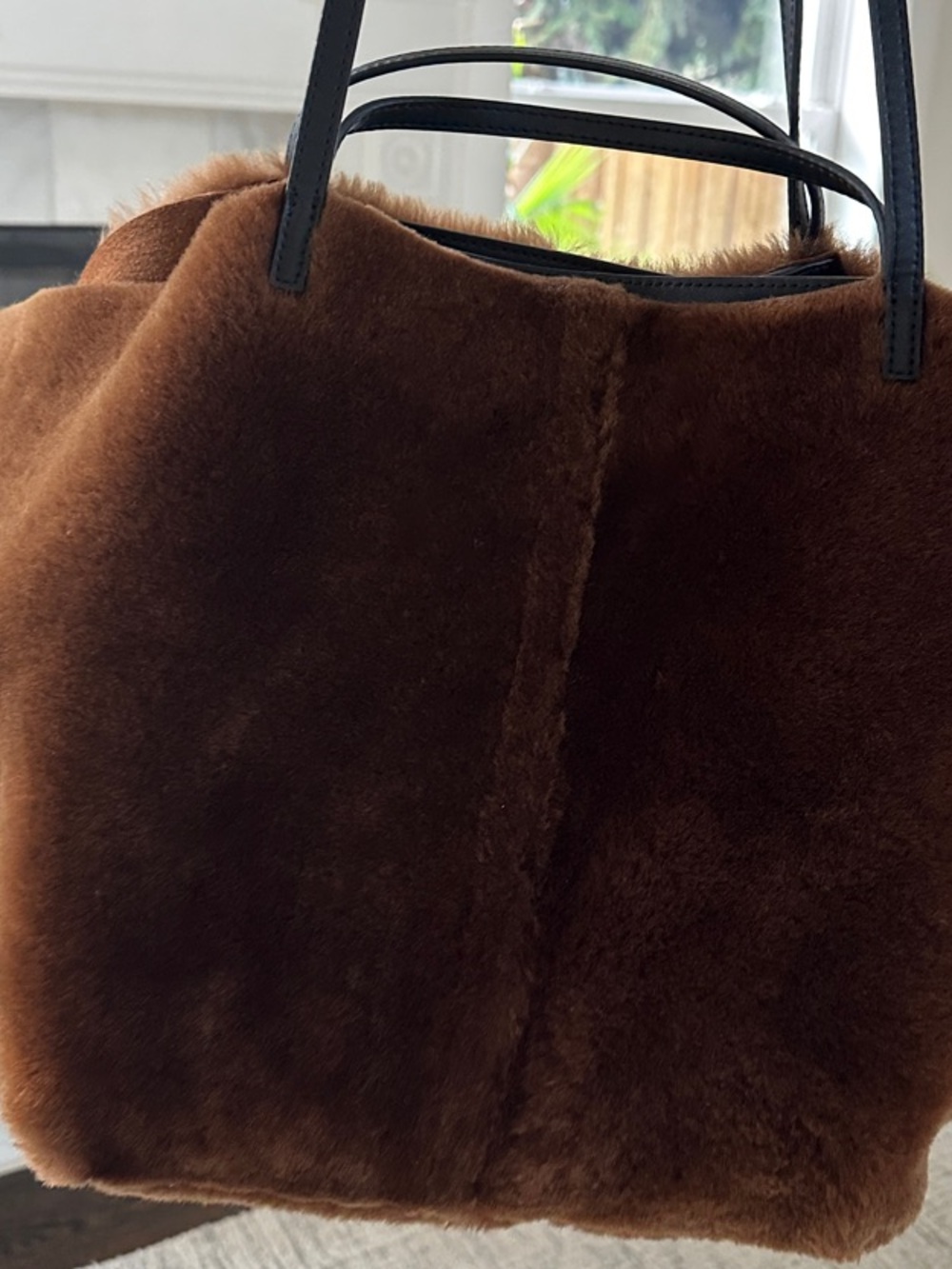 Like New - All Saints Hannah Shearling Tote Bag Faux Fur Brown with Black Straps - Picture 7 of 8